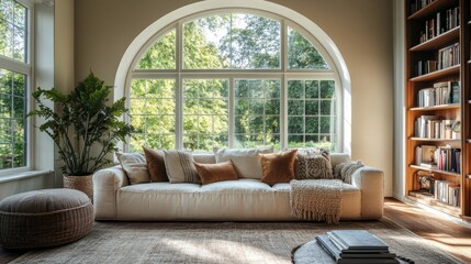 Wall Mural - Cozy living room featuring a dramatic arched floor-to-ceiling window and a comfortable reading nook