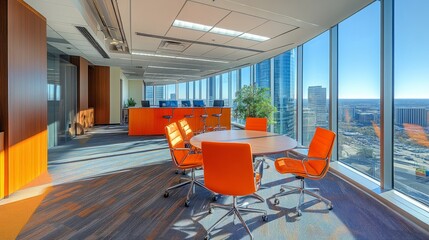 Poster - Spacious collaborative office with bright lighting, creative layouts, and large windows with a view of the city