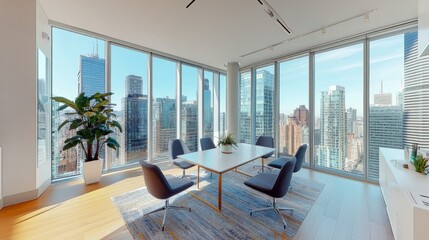 Poster - Spacious collaborative office with bright lighting, creative layouts, and large windows with a view of the city