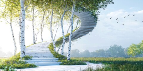 Poster - White staircase is in a field with trees
