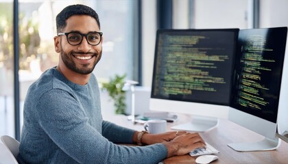  web development with smile of man in creative workplace for coding or design