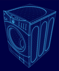 Blue image of a washing machine. The image is in a 3D format and is very detailed