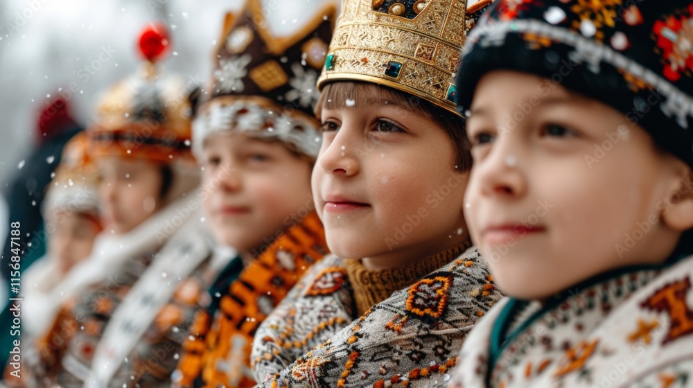 Three Kings Day. A group of children wearing colorful crowns and winter ...