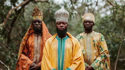 Three Kings Day.A regal representation of three men in traditional African robes and crowns, showcasing cultural heritage and nobility amidst a lush forest backdrop.