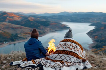 Wall Mural - A group of friends with warm smiles gather around a campfire, surrounded by rolling hills and a serene landscape.