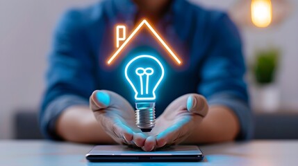 Poster - Innovative Home Concept with Bright Light Bulb Over Smartphone Display
