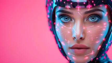 Poster - Futuristic Female Face with Neon Circuit Patterns and Vibrant Background