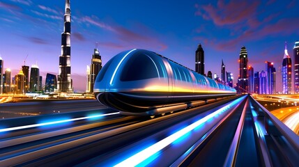 Poster - Futuristic Train in Neon Cityscape with Skyscrapers at Dusk
