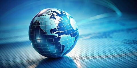 Poster - Blue Grid Globe: Global Network, Connectivity, World Map, Technology, International Business Stock Photo