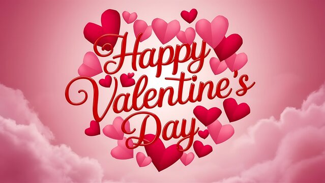 Happy Valentine's Day greeting card with pink background with hearts and clouds