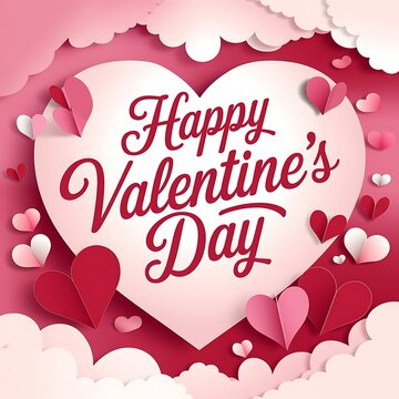 Happy Valentine's Day greeting card with pink and red background with paper cut hearts and clouds