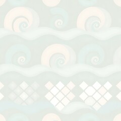 Wall Mural - Seamless Pattern: Abstract Pastel Blue and White Pattern with Swirls and Geometric Shapes 