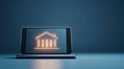 Poster - A smartphone displays a glowing architectural structure, symbolizing digital innovation in finance or banking.