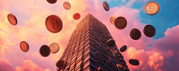 Poster - A futuristic skyscraper towers against a colorful sky, with coins floating around it, symbolizing wealth and prosperity.
