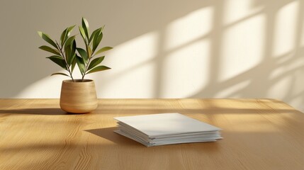 Poster - A serene table setting featuring a minimalist plant and neatly stacked paper, bathed in soft sunlight, creating a calm, inviting atmosphere.