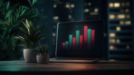 Poster - A laptop displaying a colorful bar graph sits on a table, surrounded by plants, against a backdrop of city lights at night.
