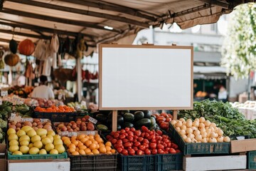 Blank Sign at Farmers Market:  A rustic wooden sign stands prominently at a bustling farmers market, offering a blank canvas for your brand or message.