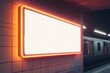 © Studio MRPOR - Blank Billboard Mockup: Subway Station Ad Space - A large, blank billboard mockup with an orange neon frame, strategically placed on a subway station wall.