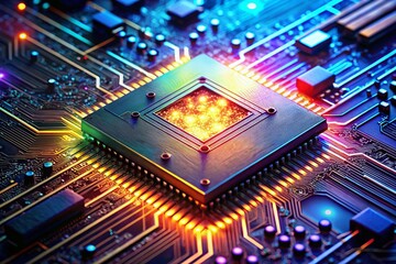 Poster - Close-up Candid Shot: Glowing High-Tech Microchip Circuitry