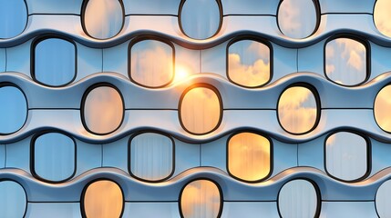 Poster - Modern architectural facade with wavy patterns and reflective surfaces