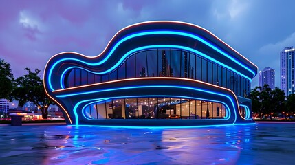 Poster - Futuristic Building Design with Neon Lights Amidst Urban Landscape