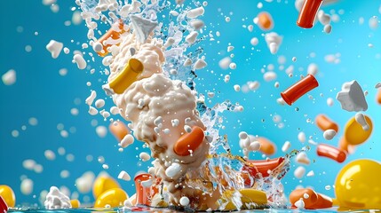 Poster - Dynamic Splash of Colorful Objects in Water Against Blue Background