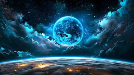 Poster - Stunning Blue Planet Overhead with Glowing Atmosphere and Stars