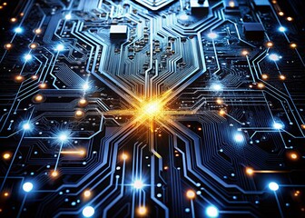 Poster - Cyberpunk Black Circuit Diagram: High-Tech CPU Connections on White Background - Long Exposure Stock Photo
