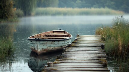 Wall Mural - Misty Lake Morning: Serene Boat on Wooden Dock