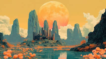 Wall Mural - Surreal Landscape:  Fantasy Ruins, Orange Sunset, and Giant Moon