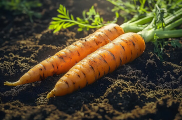 Poster - Fresh carrot in the garden. Juicy unwashed carrots lying on the ground in the field.