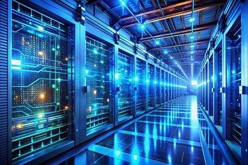 Poster - Double Exposure: Futuristic Server Room, Blue Neon Lights, Data Security
