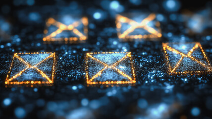 Poster - A close up of a blue and orange grid of squares. The squares are lit up and appear to be glowing. The image has a futuristic and technological feel to it
