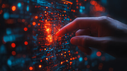 Poster - A hand pointing at a glowing computer screen with a red dot. Concept of technology and innovation, as well as the idea of human interaction with machines