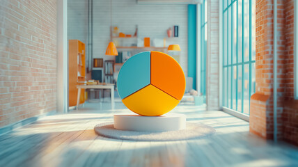 Poster - A colorful pie chart is displayed in a room with a brick wall and a window. The pie chart is divided into three sections, each with a different color. The room has a modern and minimalist design