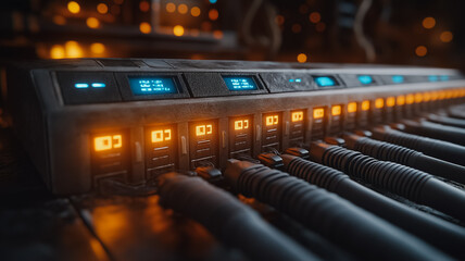 Poster - A row of switches with blue and yellow lights on them