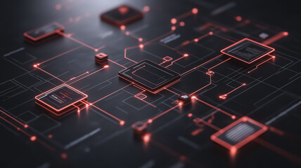 Poster - a computer chip with red lines and squares is displayed. the image is of a computer chip with red li