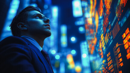 Poster - A man in a suit is looking at a computer screen with a lot of numbers on it. Concept of focus and concentration as the man stares at the screen
