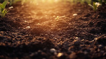 Wall Mural - Close-up view of fertile soil at sunset. Rich earth texture, perfect for agriculture and nature themes.