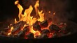 © photohappy - Glowing embers and flames on black BBQ grill background, embers, wood