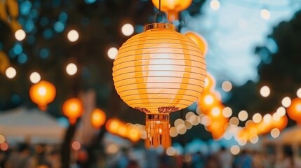 Wall Mural - Chinese Illuminated Lanterns Hanging at a Vibrant Outdoor Festival with Soft Bokeh Effect Creating a Magical Evening Atmosphere