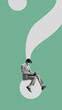 © master1305 - Businessman sits on large question mark while working on laptop, symbolizing problem-solving, curiosity, and decision-making. Contemporary art collage. Concept of business, strategic-thinking