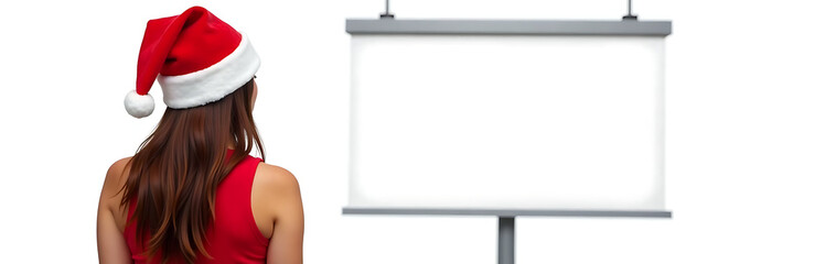 Aufkleber - Woman In Santa Hat Stands Isolated Against A White Background With A Blank Billboard Displaying A Sale Advertisement. 00001