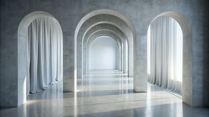 Poster - Empty White Hallway with Archway, Backlit Concrete, Gray Curtains - 3D Render