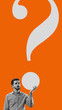 © master1305 - Businessman standing with large question mark on his hand, symbolizing uncertainty, solutions on orange background. Contemporary art collage. Concept of business, problem-solving, leadership