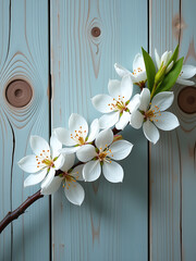 Poster - White Spring Blossoms Branch Out Over Rich Wood Grain Texture Background Featuring Knots In Soft White And Gentle Blue Hues. 00003