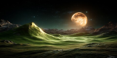 Huge moon rising above green hills on alien planet landscape