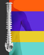 © Lustre Art Group  - Poster. Contemporary art collage. Human torso illustration with white spine overlaying colorful background stripes with negative space. Concept of medicine, healthcare, rehabilitation.