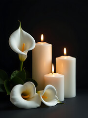 Poster - White Calla Lilies And Three Candles Placed Against A Dark Background Create A Somber Yet Elegant Sympathy Card Design. 00002