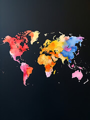 Poster - Watercolor Painting Features An Abstract World Map With Colorful Splatters Against A Dark Black Background. 00002